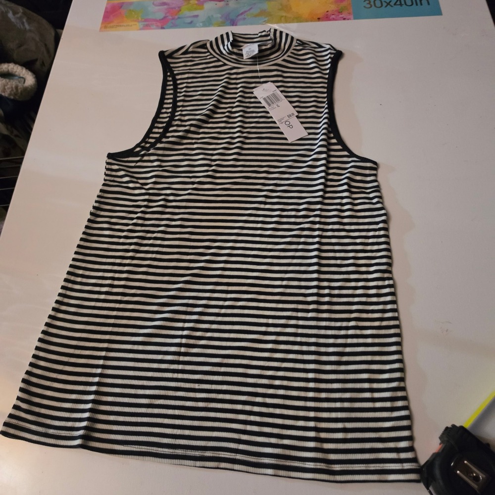 shoptop Republic Clothing Womens Black White Striped Mock Neck Tank Top XL NWT